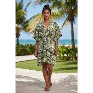 Umgee Green & Blue Kaftan Mini Dress Boho Tunic Boutique Resort Wear Sz M
